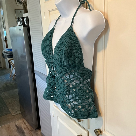 Hand crafted Halter 4.99 Ship Teal Crochet large crop top Hippie Bohemian - Picture 3 of 7